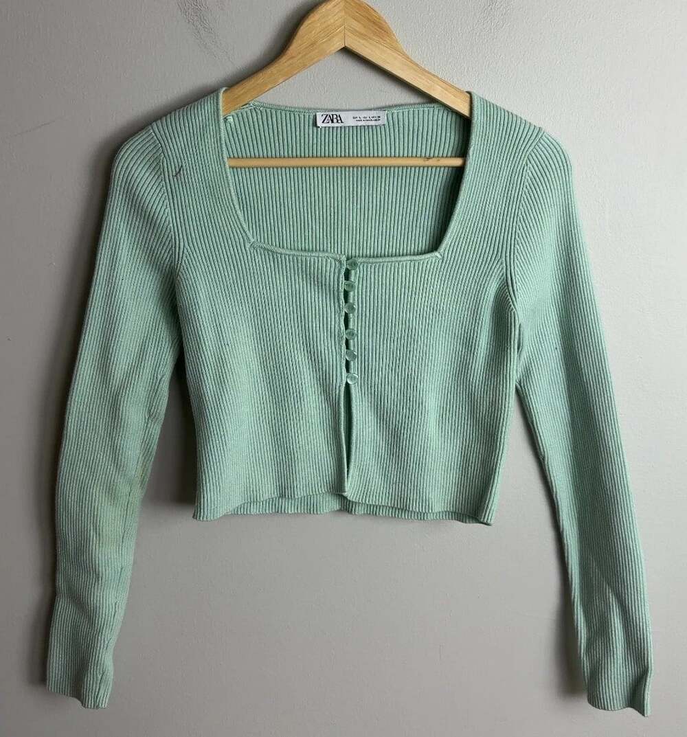 Zara Mint Green Ribbed Button Up Cardigan Long Sleeve Top Size Large Women’s
